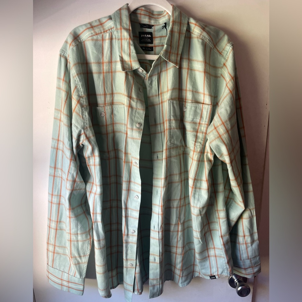 Men’s prAna Dolberg Flannel Shirt Light Teal with Orange and Cream stripes
